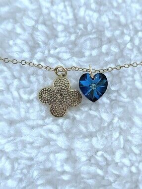 Deep Blue Swarovski Crystal💎 Heart💙 and Clover🍀 Charm Necklace - NWOT